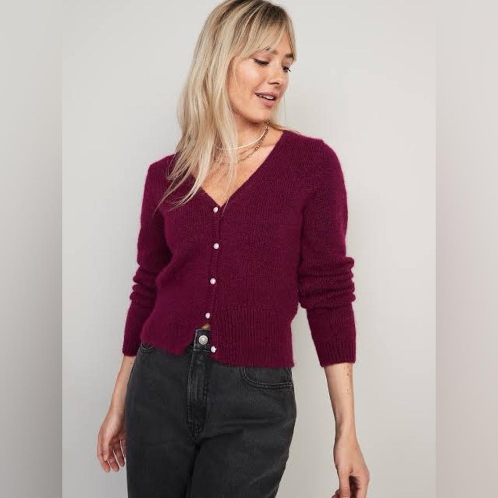 Old navy burgundy dark red purple cardigan sweater fuzzy cozy medium